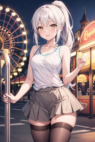 medium chest, yellow eyes, long hair, white hair, hair in a ponytail, 1 woman, wearing a gray tank top, a gray skirt and thigh-high stockings black, amusement park happy
