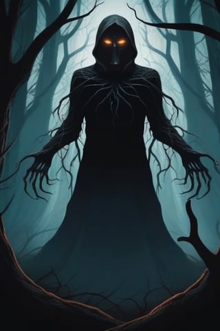 Craft a chilling illustration depicting a shadowy figure lurking in the depths of a haunted forest, its glowing eyes piercing through the darkness as twisted branches reach out like skeletal fingers. The eerie atmosphere evokes a sense of foreboding as the figure watches silently from the shadows."