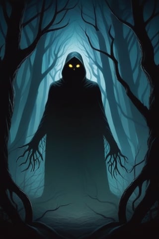 Craft a chilling illustration depicting a shadowy figure lurking in the depths of a haunted forest, its glowing eyes piercing through the darkness as twisted branches reach out like skeletal fingers. The eerie atmosphere evokes a sense of foreboding as the figure watches silently from the shadows."