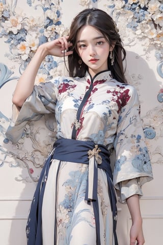 extreme detailed, (masterpiece), (top quality), (best quality), (official art), (beautiful and aesthetic:1.2), (stylish pose), (1 woman), (colorful), (burgundy-blue white theme: 1.5), ppcp, medium length skirt, 	looking into distance, long straight black hair, 
perfect,ChineseWatercolorPainting,Chromaspots,fairy,pastelbg,ink,NJI BEAUTY,red dress,adress2