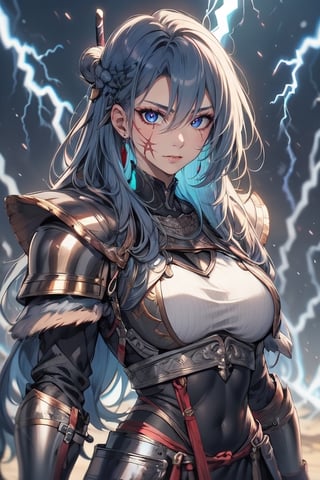 viking, adult woman, medium breasts, plate armor, scars under eye, confident, toned body, large sword, blue lightning aura,LightningPunkAI,YAMATO,