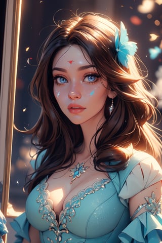 gorgeous woman with long brown hair clipped up, rosy cheeks and blue eyes. She's wearing a blue dress. She's in a fancy room painting a pastel painting. She has paint splattered all over her face and clothes. The vibe is fantasy, elegant, princess. She's looking at the painting and thinking