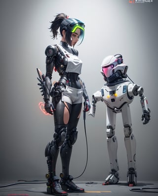 1 female bionic with a ponytail ,
samurai with robot prothesis with neon,He was wearing a motorcycle helmet, The white suit was covered with armor, and white overalls,standing,shikoro,cyberpunk edgerunners,cyberpunk 2077,realistic,white background,csrlds,bio-robot,robotskin,high detail,grey background,robotskin, cyborg,Full body, facing the camera