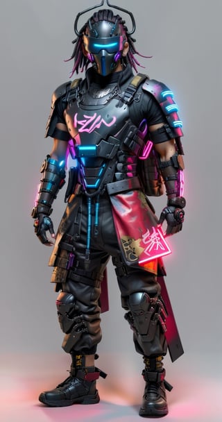 1soldier,samurai jacket (cyberpunk),Metal breastplate,Metal mask,standing,black bodysuit,shikoro,cyberpunk edgerunners,cyberpunk 2077,realistic,white background,csrlds