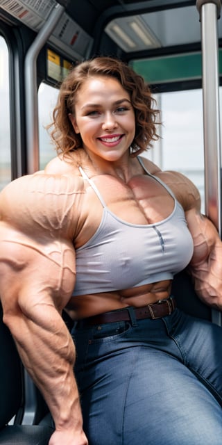 A heavily muscled iffb pro female bodybuilder, Ronda Rousey, portrait, face portrait, brown skin, smiling, red lips, full lips, chubby, voluptuous woman, brown hair, curly hair, glasses, button-down blouse, white blouse, belt, long jeans, sitting on the bus.
