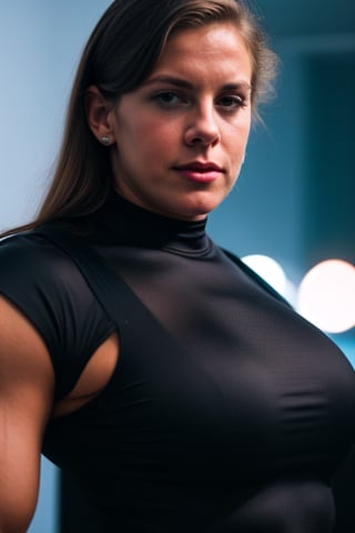 A heavily muscled iffb pro female bodybuilder, a RAW photo, portrait of 18 year old Jamie Lee Curtis, wearing black satin blouse, jeans, simple background, model shot, cinematic shot, volumetric lighting, detailed eyes and face, magnificent, epic, sharp focus, dlsr, rim lights, blurry background, best quality, highly detailed, masterpiece, 8k, 