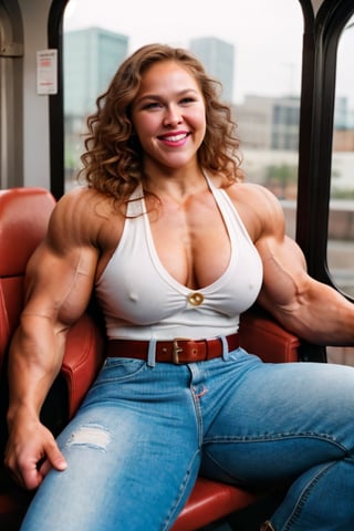 A heavily muscled iffb pro female bodybuilder, Ronda Rousey, portrait, face portrait, brown skin, smiling, red lips, full lips, chubby, voluptuous woman, brown hair, curly hair, glasses, button-down blouse, white blouse, belt, long jeans, sitting on the bus.,fmg