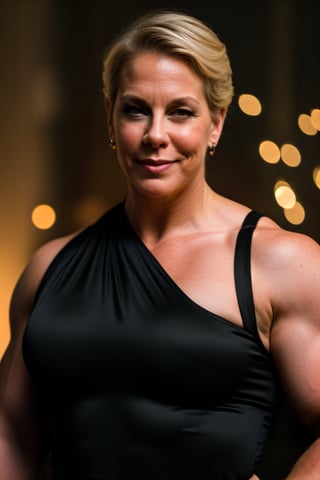 A heavily muscled iffb pro female bodybuilder, a RAW photo, portrait of 34 year old Jamie Lee Curtis, wearing black satin blouse, jeans, simple background, model shot, cinematic shot, volumetric lighting, detailed eyes and face, magnificent, epic, sharp focus, dlsr, rim lights, blurry background, best quality, highly detailed, masterpiece, 8k, 