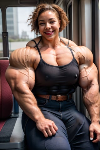 A heavily muscled iffb pro female bodybuilder, Sydney Sweeney, portrait, face portrait, brown skin, smiling, red lips, full lips, chubby, voluptuous woman, brown hair, curly hair, glasses, button-down blouse, white blouse, belt, long jeans, sitting on the bus.