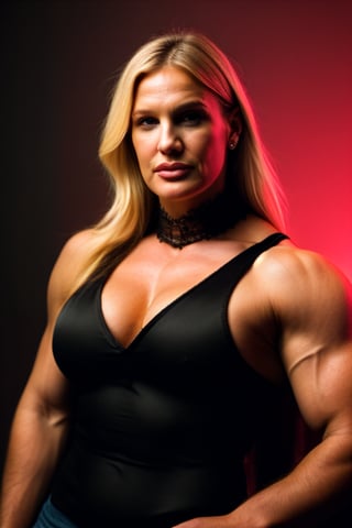 A heavily muscled iffb pro female bodybuilder, a RAW photo, portrait of Daryl Hannah, wearing black satin blouse, jeans, simple background, model shot, cinematic shot, volumetric lighting, detailed eyes and face, magnificent, epic, sharp focus, dlsr, rim lights, blurry background, best quality, highly detailed, masterpiece, 8k, 