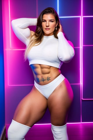  Covered in tattoos,   22 year old Gina Carano, Generate a full length fashion portrait of a heavily muscled iff pro female bodybuilder , her makeup, hair, she is dressed in a tight fluffy woolen sweater, white lycra cycling shorts,, white knee high socks, lighting, environment, neon lit wall background 