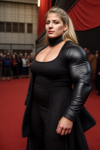  A heavily muscled iffb pro female bodybuilder, photo of  21 year old  kayla Harrison, a woman as a movie star, modelshoot style, (extremely detailed CG unity 8k wallpaper), (portrait:1.3), photo of the most beautiful artwork in the world, professional majestic oil painting by Ed Blinkey, Atey Ghailan, Studio Ghibli, by Jeremy Mann, Greg Manchess, Antonio Moro, trending on ArtStation, trending on CGSociety, Intricate, High Detail, Sharp focus, dramatic, photorealistic painting art by midjourney and greg rutkowski, (long brown coat), (turtleneck), ((comicon event)), (leather trousers), ((standing on the red carpet)), ((paparazzi in the background)), (looking at viewer), (detailed pupils:1.3), (modern outfit:1.2), (closeup), red lips, (eye shadow)