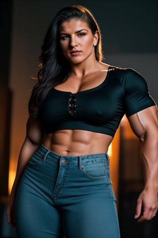 A heavily muscled iffb pro female bodybuilder, a RAW photo, portrait of Gina Carano, wearing black satin blouse, jeans, simple background, model shot, cinematic shot, volumetric lighting, detailed eyes and face, magnificent, epic, sharp focus, dlsr, rim lights, blurry background, best quality, highly detailed, masterpiece, 8k, 