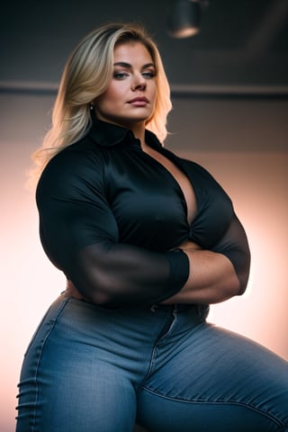 A heavily muscled iffb pro female bodybuilder, a RAW photo, portrait of Erika Eleniak, wearing black satin blouse, jeans, simple background, model shot, cinematic shot, volumetric lighting, detailed eyes and face, magnificent, epic, sharp focus, dlsr, rim lights, blurry background, best quality, highly detailed, masterpiece, 8k, 