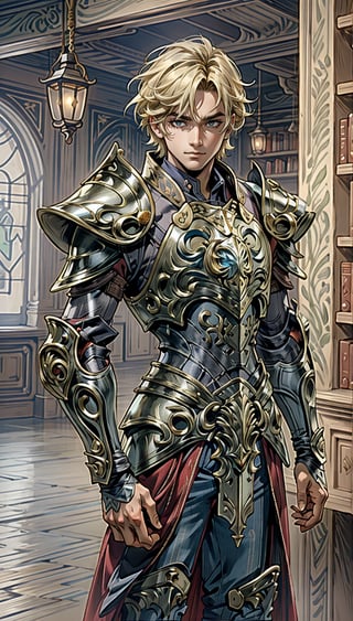 solo, looking at viewer, short hair, blonde hair, 1boy, closed mouth, male focus, cowboy shot, indoors, armor, book, facial hair, shoulder armor, gauntlets, pauldrons, breastplate, realistic, book stack, plate armor