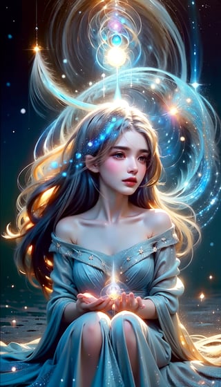 young  girl, solo, purple eyes, long hair,  hair between eyes,sitting,forest,outdoor,(insanely detailed, beautiful detailed face, masterpiece, best quality) cinematic lighting,Spiritual master,brown hair, messy hair, brown eyes, A summer gown,  Venusian,On the ship,Spiritual aura,High latitude,Highly evolved people,Interstellar human,Chakra cosmic energy,Fifth dimension,Portrait,HALFTONE CLOUD LIGHT_PARTICLES,	 SILHOUETTE LIGHT PARTICLES,LightningPunkAI
