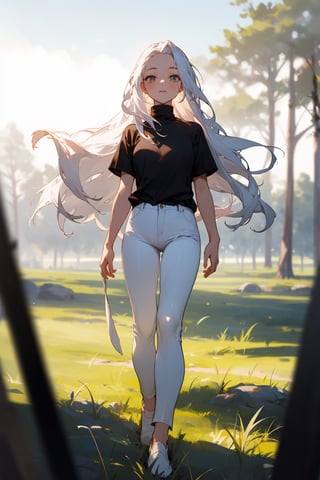 (masterpiece, best quality), 1girl with long white hair, forehead, standing on the floor, outdoors, grassfield, warm lighting, black shirt, short sleeves, turtleneck, skinny pants, white pants, blurry foreground, girl