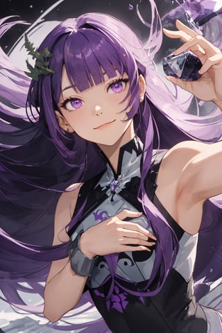 masterpiece , (dynamic pose), (slightly smiling with closed mouth), ( Fern, long hair, bangs, purple eyes, purple hair, sidelocks, blunt bangs,),((no gravity , floating in the air)), (holding a small black hole), frost and ice, snow_crystal_background, Fern,salama,coverl,frieren