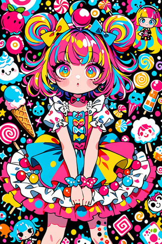 children's doodle style,
Colorful pop art, candy pop, lollipop punk, brightly colored berry beans, emo pink lolita girl,big Eyes,A dress made of jelly and ice cream,
 maximalism designemo,dal-6 style,Color Splash