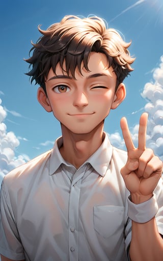 score_9,score_8_up,score_7_up,looking at viewer,smile,short hair,shirt,black hair,1boy,brown eyes,closed mouth,white shirt,upper body,male focus,outdoors,one eye closed,sky,day,collared shirt,cloud,hand up,blue sky,v,cloudy sky