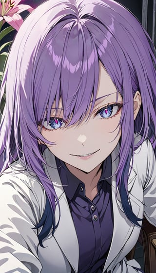 looking at viewer, long purple hair, shirt, 1girl, dark blue eyes, white jacket, evil smile ,upper body,close mouth, flower, female focus, solo focus,sit on chair,pink lily \(flower\), hand pov, kabedon