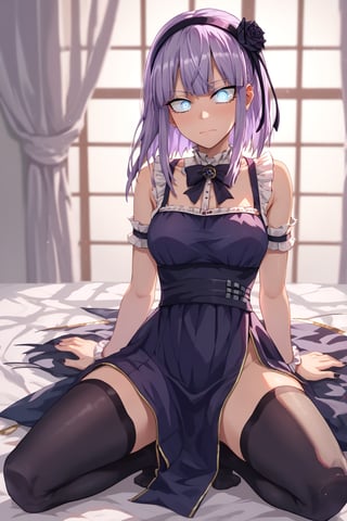 ((Score_9, Score_8_up, Score_7_up, BREAK source_anime, best quality, masterpiece, 4k, perfect lighting, specific rating, very aesthetic,)1girl dagashi_kashi closed_mouth long_hair looking_at_viewer Hotaru_Shidare_(dagashi_kashi) purple_hair ringed_eyes solo straight_hair blue_eyes, full body, more detail XL