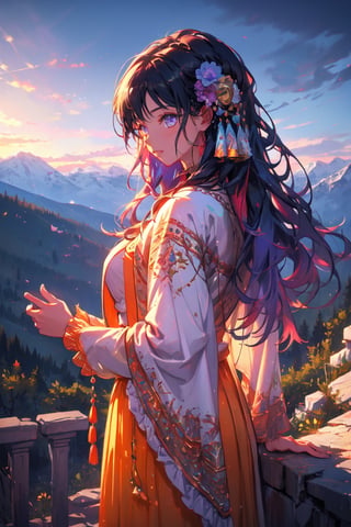a gipsy girl, long violet hair, high quality, high resolution, high precision, realism, color correction, proper lighting settings, harmonious composition, girl, ancient gipsy clothes, in a mountain