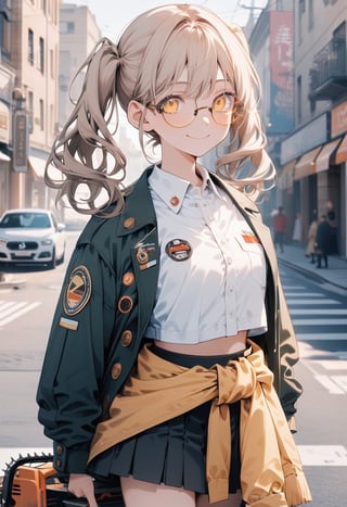 Masterpiece, beautiful details, perfect focus, uniform 8K wallpaper, high resolution, exquisite texture in every detail,
 street, looking_at_viewer, clean eyes
1girl, power (chainsaw man), white shirt,  skirt, midriff, short sleeves,  coat tied around waist,
 twintail, wearing yellow tinted glasses, smile, :>, 
