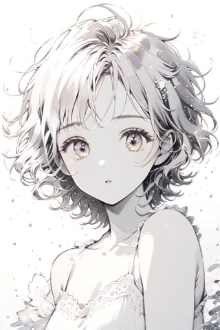 monochrome, (pencil art style), white background, cute girl.
white camisole, white chorker, wavy short hair, light-yellow eyes,Pencil Draw,glitter,