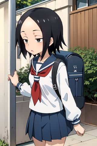 sanae_tsukimoto, Karakai Jouzu no Takagi-san, black hair, short hair, black eyes, forehead, jitome
school uniform, serafuku, short skirt, backpack, video game machine, arcade,