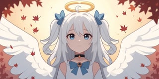score_9, score_8_up, score_7_up, Minimalstyle, 1girl, angel, white hair, long curly hair, (two side up), blue eyes, two blue bows on head, (Double golden halo on her head), choker, angel wings on back, ahoge ,simple, faceless female, beautiful, extremely detailed, vector, headshot,falling leaves,minimalstyle,score_6_up