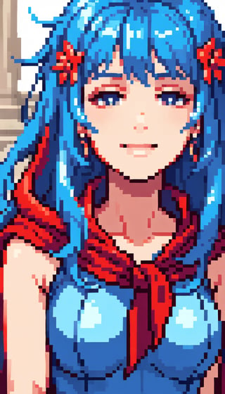 masterpiece, RAW,, ultra realistic, outdoors, ((blue hair)), (hair ornament), reah, long blue hair, looking at viewer, perfect face, see through top, stairs, facing viewer, photorealistic, blue glows, Science Fiction, sexy, 4K, 8k HD, Circle, high quality, Goddess, red scarf, red cloak, red hood dress, bracelet, realistic, gentle smile, happy,renaissance,1 girl,Pixel art