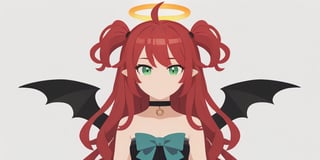 score_9, score_8_up, score_7_up, Minimalstyle, 1girl, demon, red hair, long curly hair, (two side up), green eyes, two blue bows on head, (Double golden halo on her head), choker, demon wings on back, ahoge ,simple, faceless female, beautiful, extremely detailed, vector, headshot, flames,minimalstyle,score_6_up