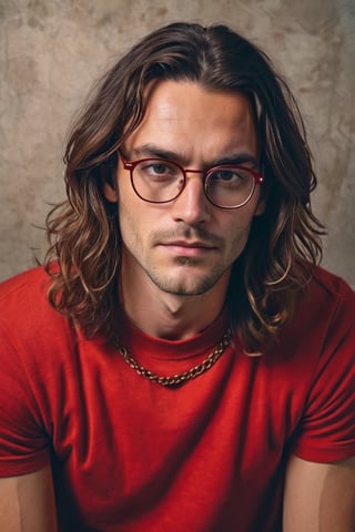 photo, rule of thirds, dramatic lighting, long hair, detailed face, detailed nose, french man wearing red tshirt, wearing glasses,  choker, smirk, intricate background ,realism,realistic,raw,analog,man,portrait,photorealistic