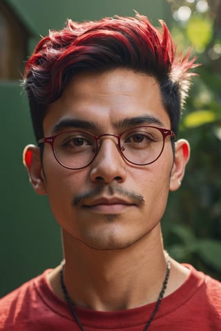 photo, rule of thirds, dramatic lighting, short fairy hair, detailed face, detailed nose, mexican man wearing red tshirt, wearing glasses,  choker, smirk, intricate background ,realism,realistic,raw,analog,man,portrait,photorealistic