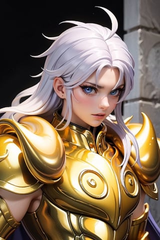 (Extremely detailed CG uniform 8k wallpaper, masterpiece, best quality, super detailed), male anime character wearing golden armor, 1boy, golden armor, male focus, handsome face, purple wavy shawl long hair, armor, solo, Leo Armor, Trending on Artstation, Fantasy00d, Saint