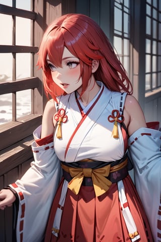a Japanese miko girl,red fire hair, high quality, high resolution, high precision, realism, color correction, harmonious composition.