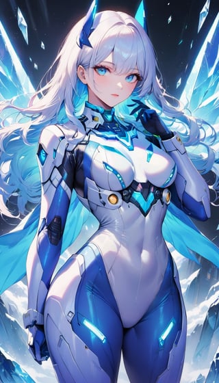 Best picture quality, high resolution, 8k, realistic, sharp focus, realistic image of elegant lady, Korean beauty, supermodel, pure white hair, blue eyes, wearing high-tech cyberpunk style blue Batgirl suit, radiant Glow, sparkling suit, mecha, perfectly customized high-tech suit, ice theme, custom design, 1 girl,swordup, looking at viewer,JeeSoo
