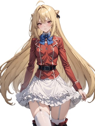 //Quality, masterpiece, best quality, detailmaster2, 8k, 8k UHD, ultra detailed, ultra-high resolution, ultra-high definition, highres, 
//Character, 1girl, solo,Terakomari, long hair, blonde hair, red eyes, ahoge, 
//Fashion, red coat, belt buckle, blue bowtie, long sleeves, white skirt, bow, white thighhighs, garter straps, boots, 
//Background, white background, 
//Others, 