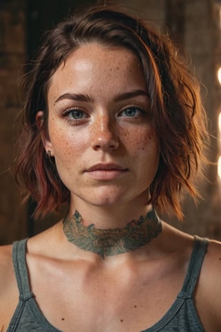 photo, rule of thirds, dramatic lighting, medium hair, detailed face, detailed nose, woman wearing tank top, freckles,  choker, smirk, tattoo, intricate background ,realism,realistic,raw,analog,woman,portrait,photorealistic