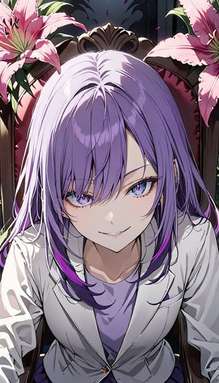 looking at viewer, long purple hair, shirt, 1girl, dark blue eyes, white jacket, evil smile ,upper body,close mouth, flower, female focus, solo focus,sit on chair,pink lily \(flower\), hand pov, kabedon