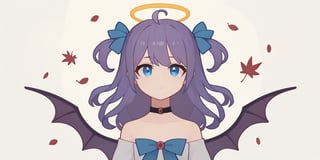 score_9, score_8_up, score_7_up, Minimalstyle, 1girl, sucubbus, purple hair, long curly hair, (two side up), blue eyes, two blue bows on head, (Double golden halo on her head), choker, vampire wings on back, ahoge ,simple, faceless female, beautiful, extremely detailed, vector, headshot,falling leaves,minimalstyle,score_6_up