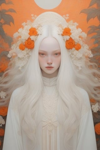 Create an artwork of a person with long, flowing hair intertwined with an array of white and orange flowers, wearing a garment that harmonizes with the botanical surroundings. The overall atmosphere should evoke an ethereal and dreamlike essence.
