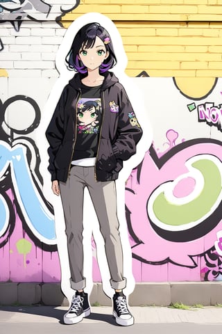 mature woman looking at the viewer, black hair with purple tips, green eyes, graffiti, full body, noon, masterpiece, wallpaper, Sticker, ,yor briar,black hair