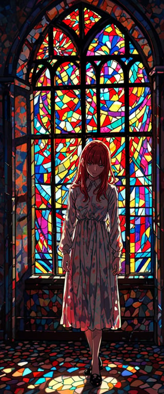 1girl, solo, long hair, dress, standing, indoors, window, shadow, stained glass, (makima)/chainsaw man/