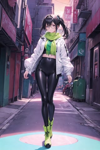 The picture shows a character wearing a white hooded jacket and black leggins. The character is wearing a green scarf that partially covers the lower part of his face. The background is neon sunset, creating a comfortable retro atmosphere. make anime girl. very detailed illustration, 8K. full body, boots, add milieu glasses that emphasise her stern look. Black hairs in ponytails