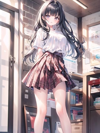 1girl, solo, long hair, bangs, skirt, shirt, black hair, standing, white shirt, short sleeves, indoors, blunt bangs, plaid, feet out of frame, plaid skirt, arms behind back, realistic