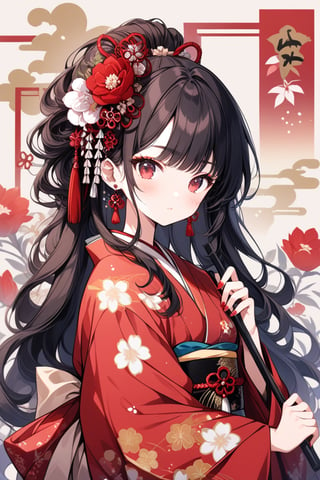 1girl, solo, long hair, looking at viewer, bangs, black hair, hair ornament, red eyes, long sleeves, holding, jewelry, flower, earrings, japanese clothes, hair flower, wide sleeves, kimono, nail polish, sash, floral print, red flower, tassel, red nails, red kimono,Flat vector art