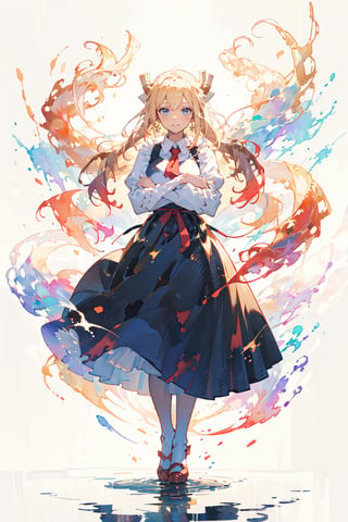 white background, (multicolored background, ink, colorful:1.2), straight-on, 1girl, solo, cute face, light golden hair, floating hair, timid smile, closed mouth, standing, arms behind back, (splashing), watercolor, crossed arms, (nice hands, perfect hands, detailed hands), Rin Tohsaka