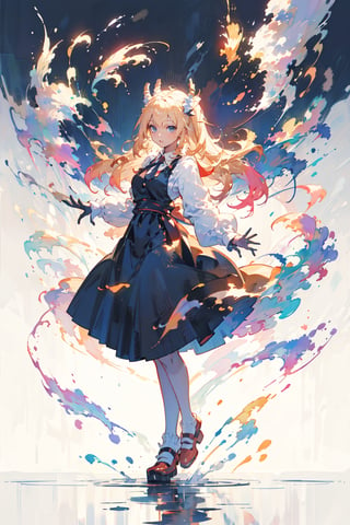 white background, (multicolored background, ink, colorful:1.2), straight-on, 1girl, solo, cute face, light golden hair, floating hair, timid smile, closed mouth, standing, arms behind back, (splashing), watercolor, (nice hands, perfect hands, detailed hands), Rin Tohsaka